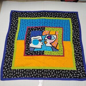 ❤️Rare NICOLE MILLER ROMERO BRITTO Two Faces Op Art Silk PIano Shawl Scarf 35x36